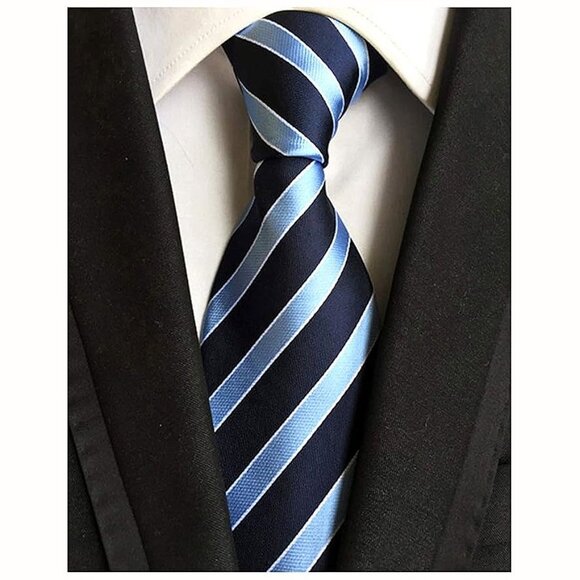 Men's Gingham Check Stripe Ties Pattern Business Blue Navy Stripe - Picture 2 of 3